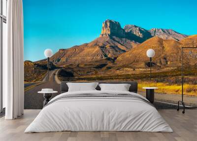 Guadalupe Mountains National Park landscape near El Captain Viewpoint on Route 62 in Salt Flat, Dell City, Texas, USA, panoramic retro-style autumn road scenery with golden grasses Wall mural