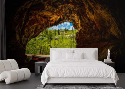 Jewel Cave National Monument Historic Site with outside hill view: The Beautiful Rock Formation and Opening at Custer State Park, Black Hills Country, South Dakota Wall mural