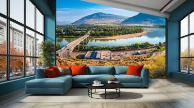 Kamloops cityscape skyline in British Columbia, Canada. Panoramic vista landscape at Strathcona Park with the views of Thompson River and Overlander's Bridge. Wall mural