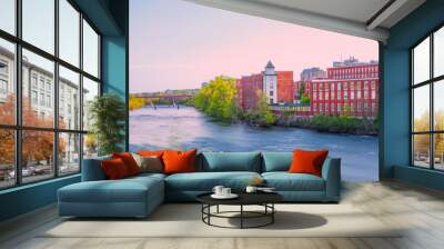 Manchester skyline, New Hampshire over the Merrimack River panorama at sunrise Wall mural