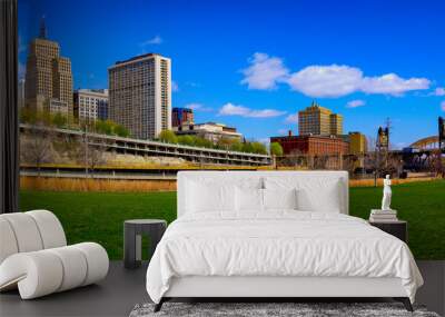 St. Paul City skyline and landmark buildings over Mississippi River in Minnesota, United States, from Raspberry Island at Harriet Island Regional Park Wall mural