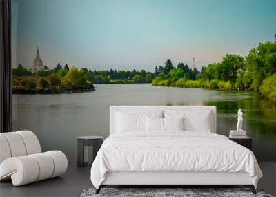 Sunrise Summer Landscape of Idaho Falls over the Snake River Waterfront in Bonneville County, Idaho, USA: Tranquil Beauty with Idaho Falls Temple Wall mural