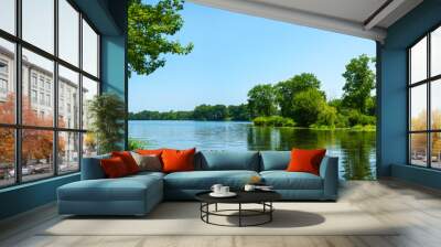 Tranquil summer lakeshore landscape in New England, America Wall mural