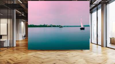 Tranquil Sunset Seascape with Fredericton Railway Bridge over St John River Recreation Park in New Brunswick, Canada Wall mural