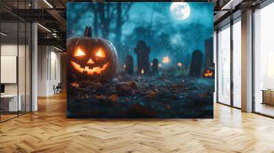 A spooky Halloween scene with a jack-o'-lantern glowing brightly in a misty graveyard, pumpkins surrounding old gravestones, lit by a full moon Wall mural