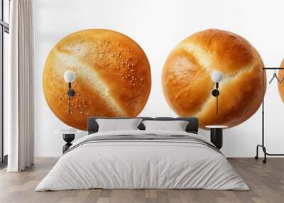 Set of bread bun is isolated on a transparent or white background in the top view Wall mural