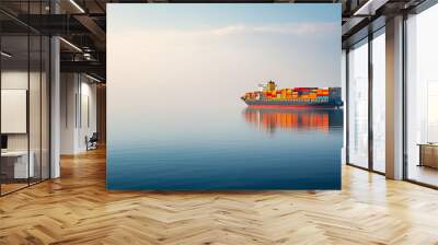 Side view of a cargo ship packed with containers, making its way across a tranquil sea during the day Wall mural