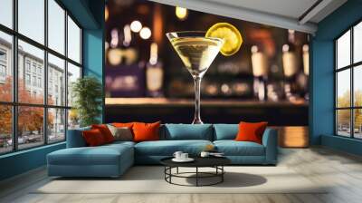 a martini glass with a lemon slice on top is sitting on a bar counter generate ai image Wall mural