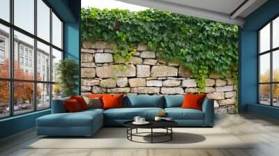 stone wall covered in vines cut out Wall mural