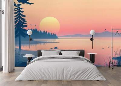 Calm shoreline flat design side view morning theme cartoon drawing Triadic Color Scheme Wall mural