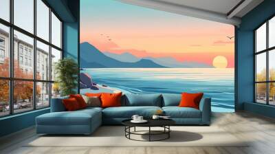 Calm shoreline flat design side view morning theme cartoon drawing Triadic Color Scheme Wall mural