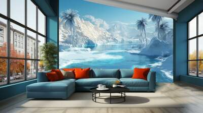 Frozen oasis in a snowy desert, icy water pools, frostcovered palm trees, cold blue light reflecting off the snow, surreal arctic scene Wall mural