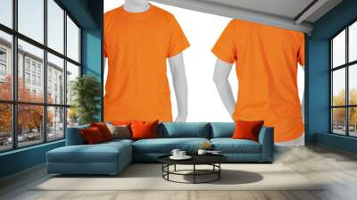 Blank Orange T-shirt (front, back) on white background Wall mural