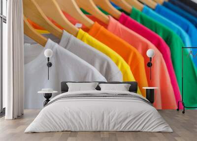 close up of colorful t-shirts on hangers, apparel background Wall mural