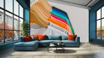 Close up of Colorful t-shirts on hangers, apparel background Wall mural