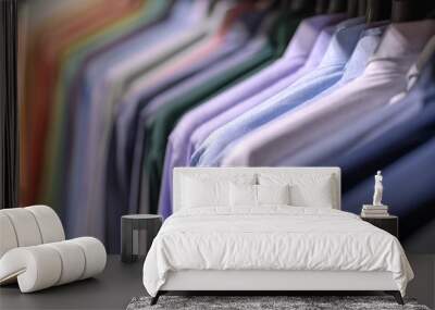 Close up of Multi colored shirts on hangers, Colorful apparel cloth background Wall mural