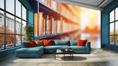 Abstract blurred college library interior: blurry classroom with bookshelves for bookshop business or education resource background

 Wall mural