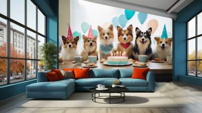 Adorable jack russell terrier celebrating a birthday with party hat, balloons, and festive cake at outdoor dog birthday party


 Wall mural