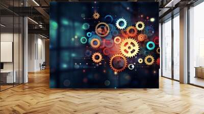 Business process automation concept: gears and icons on abstract digital background illustrating efficiency and innovation.

 Wall mural