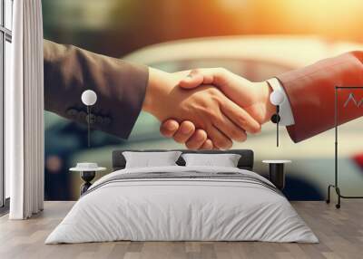 customer shaking hands with auto insurance agents, seal deal with blurred car background - business  Wall mural