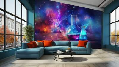 Dynamic abstract science background with molecular structures and geometric shapes, blue and white theme illustrating modern scientific concepts and innovations. Wall mural