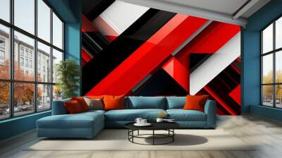 Dynamic red, black, and white geometric abstract: contemporary business background with diagonal stripes and triangles

 Wall mural