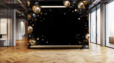 Golden frame with black and gold balloons and sparkling confetti on an elegant black background, perfect for luxury birthday celebrations or festive events.


 Wall mural