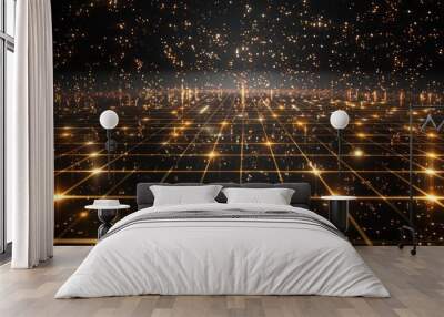 Golden perspective grid abstract background with shining floor particles and stars dust, futuristic glittering space concept on black background
 Wall mural