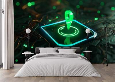 Green neon light map pin icon on high-tech black background - vibrant location technology symbol with futuristic glow, 3d render


 Wall mural