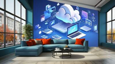 Isometric icon set featuring computers, laptops, and technology equipment in white and blue colors, ideal for creative banners, computer services, tech repair, and cloud storage solutions.

 Wall mural