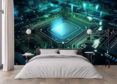 Modern circuit board technology background with central computer processors and digital motherboard chip

 Wall mural