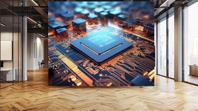 Modern circuit board technology background with central computer processors and digital motherboard chip

 Wall mural