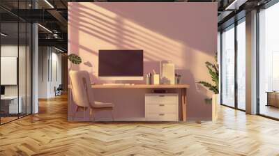 Modern home office setup in living room with minimalist interior design, cozy and convenient workspace for remote work, featuring comfortable furniture and natural light background


 Wall mural