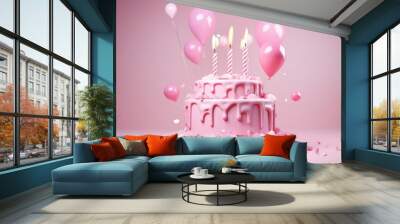 Monochrome pink 3d illustration of a flying birthday cake against a solid background


 Wall mural