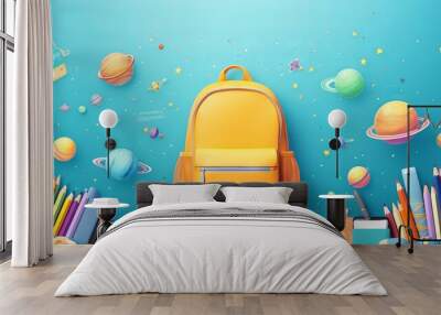 School supplies accessories pattern in cartoon style with floating backpack, open notebook, and tools - levitation mock-up, back to school concept

 Wall mural