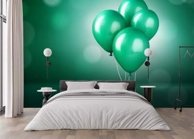 Stylish birthday party or holiday celebration with three green balloons on a green background, hand holding bright colorful balloons, indoor greeting card or invitation with copy space for text

 Wall mural