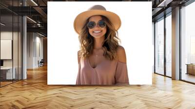 Young beautiful hispanic woman tourist smiling confident wearing hat and sunglasses at seaside, PNG Wall mural