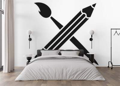 Art brush and pencil crossed icon. Flat design.  Wall mural