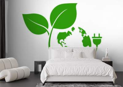 Planet with green leaf and power socket. Eco sign design. Vector illustration. Wall mural