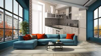 Modern Kitchen In Grey and White Colours 2 Wall mural