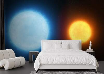 Blue giant compared to the sun. A giant blue star and a Sun-like star. Two stars of different types on a black background. Wall mural