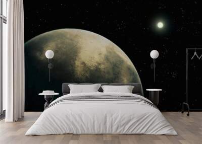 Star over alien planet, Earth-like exoplanet, super-earth planet, view from space 3d rendering. Wall mural