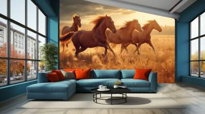 A group of thoroughbred horses gallop in the middle of the field Wall mural