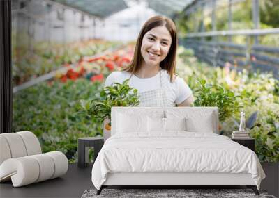 Woman holds a pot of flowers in her hands, growing plants for sale, plant as a gift, flowers in a greenhouse, potted plant. Wall mural