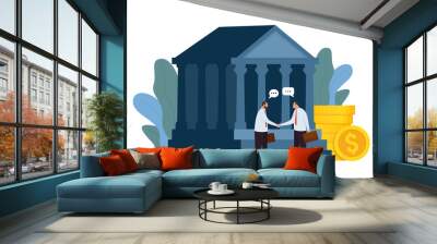 Business partnership concept. Handshake two successful businessmen. Bank building with business characters and coin stack. Vector illustration on white background. Wall mural