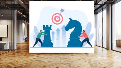 Business strategy concept. Two characters moving chess pieces. Vector illustration of business metaphor. Wall mural