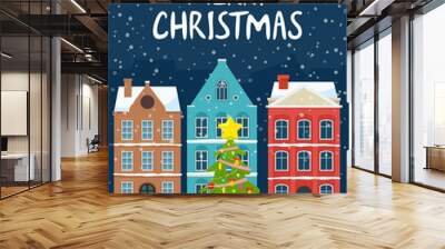 Christmas landscape with night old town and decorated christmas tree. Vector illustration for holiday Xmas and New Year. Wall mural