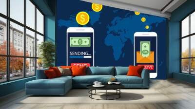 Concept mobile money transfer, mobile online banking, transfer financial operations. Vector illustration, flat design Wall mural