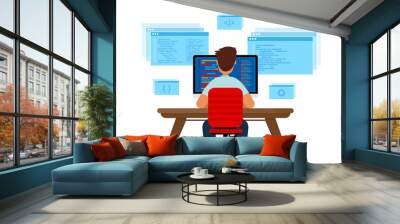 Engineer programmer is working at the desk. Programming concept, website coding. Vector illustration isolated on white background. Wall mural