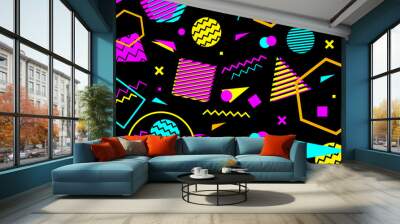 Geometric pattern in memphis 80-90s style on black background with geometric shapes. Vector illustration. Wall mural